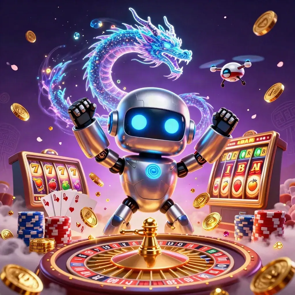Chrome robot, holographic dragon, and coin drone amid coins, gems, cards, chips, reels, and violet glow.