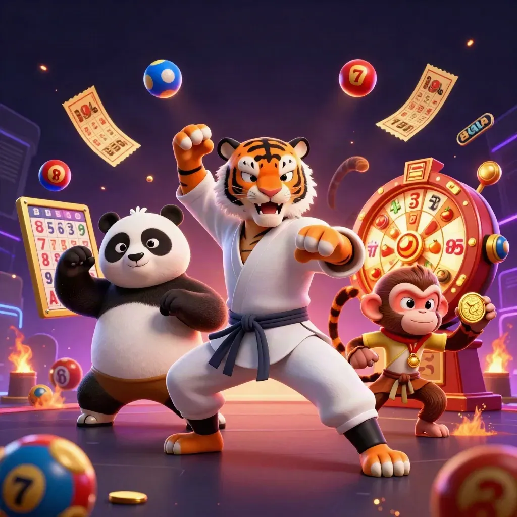 Kung-fu tiger, panda, and monkey amid casino prizes, slot reels, and glowing ember sparks