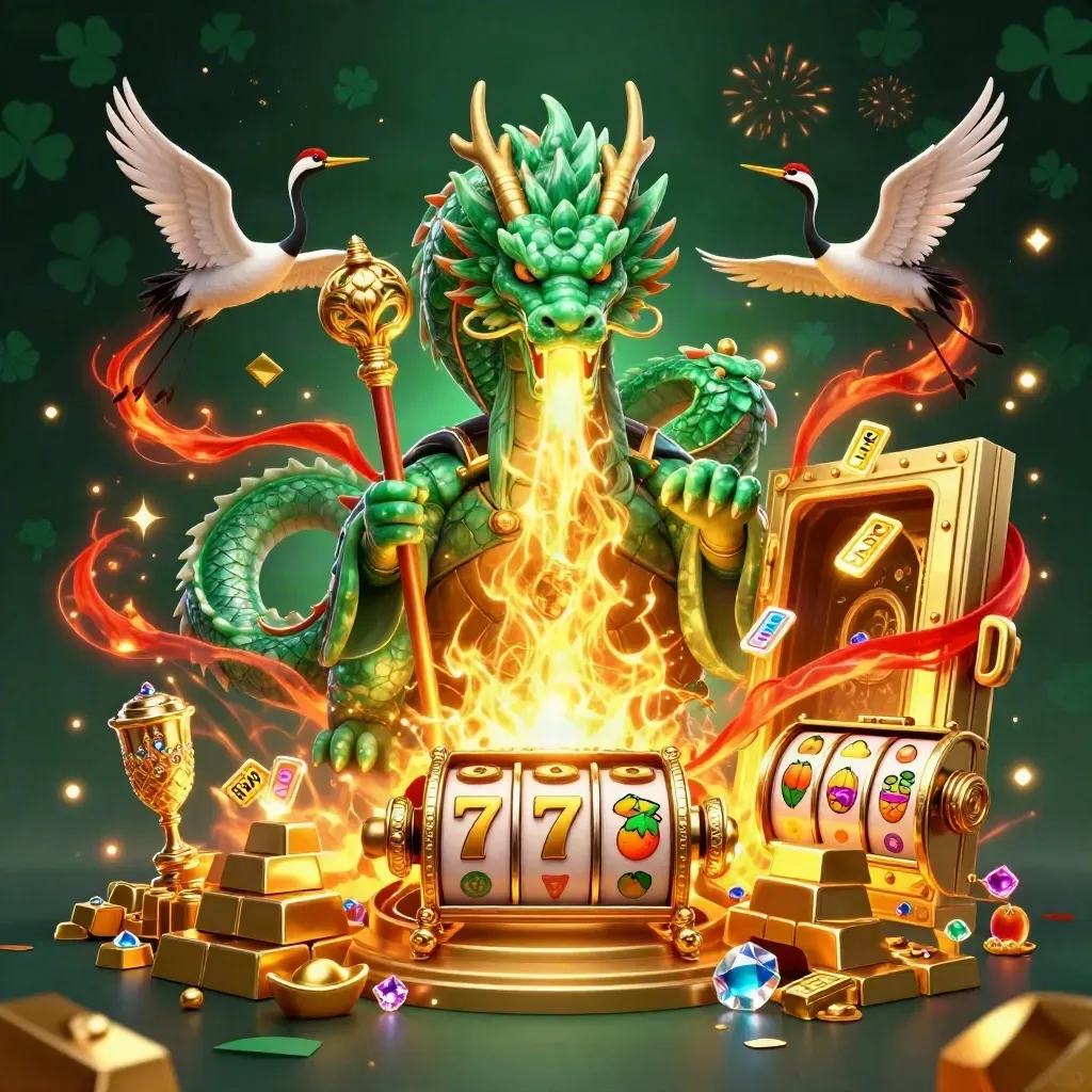 Emerald dragon, sage turtle, and cranes amid gold vault treasure and casino sparks