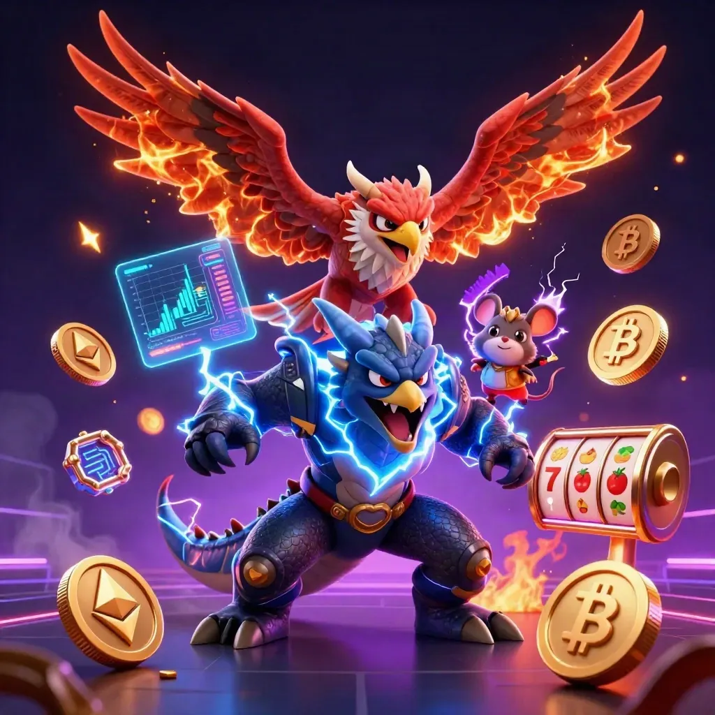 Thunder dragon, wind hawk and static mouse amid neon coins, reels and sparks.