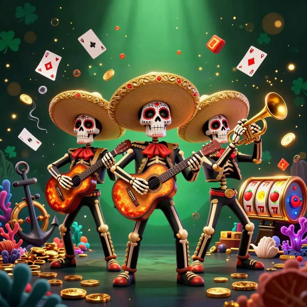 Skeleton mariachi trio amid gold coins, coral, cards, and slot symbols in a neon treasure cove.