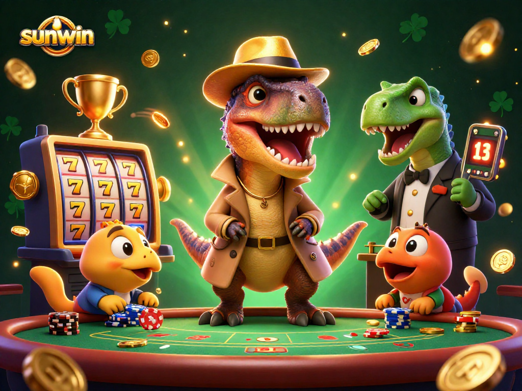 Experience thrilling casino action with sunwin as a velociraptor card counter and friends at a blackjack table.