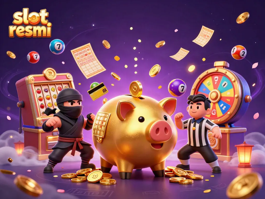 Engaging slot resmi scene with a golden piggy bank sumo wrestler, wallet ninja, and credit card samurai amidst spinning slot reels and colorful elements.