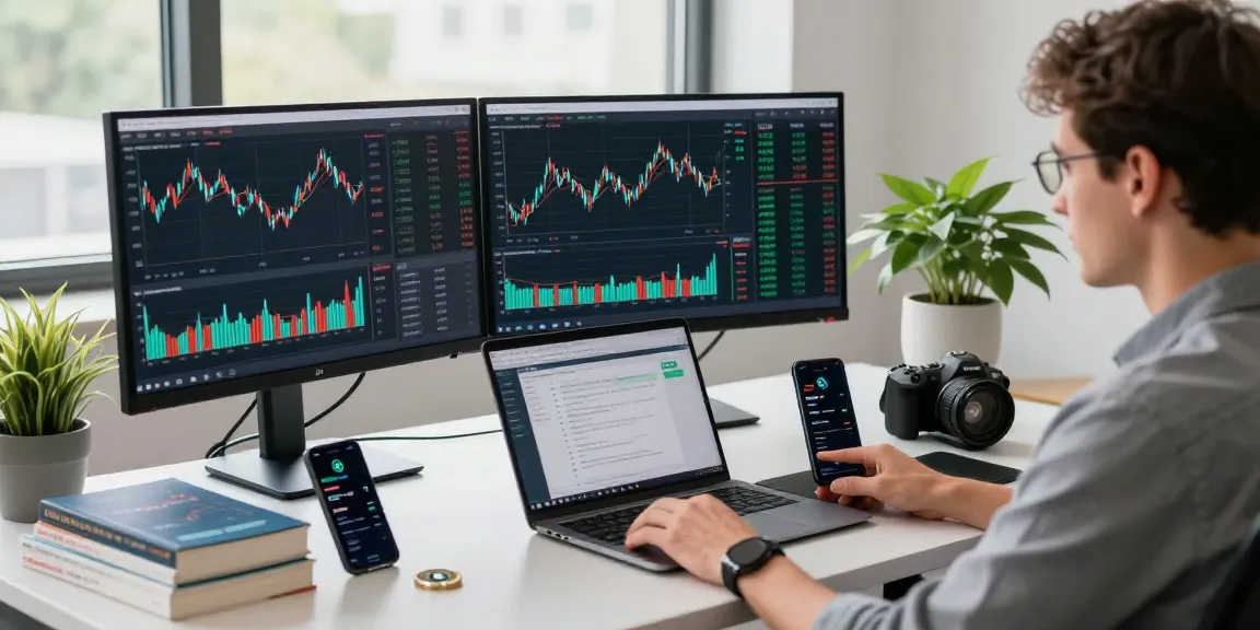 Отзывы bitmex: трейдер за рабочим местом, анализирующий рынок на нескольких мониторах.