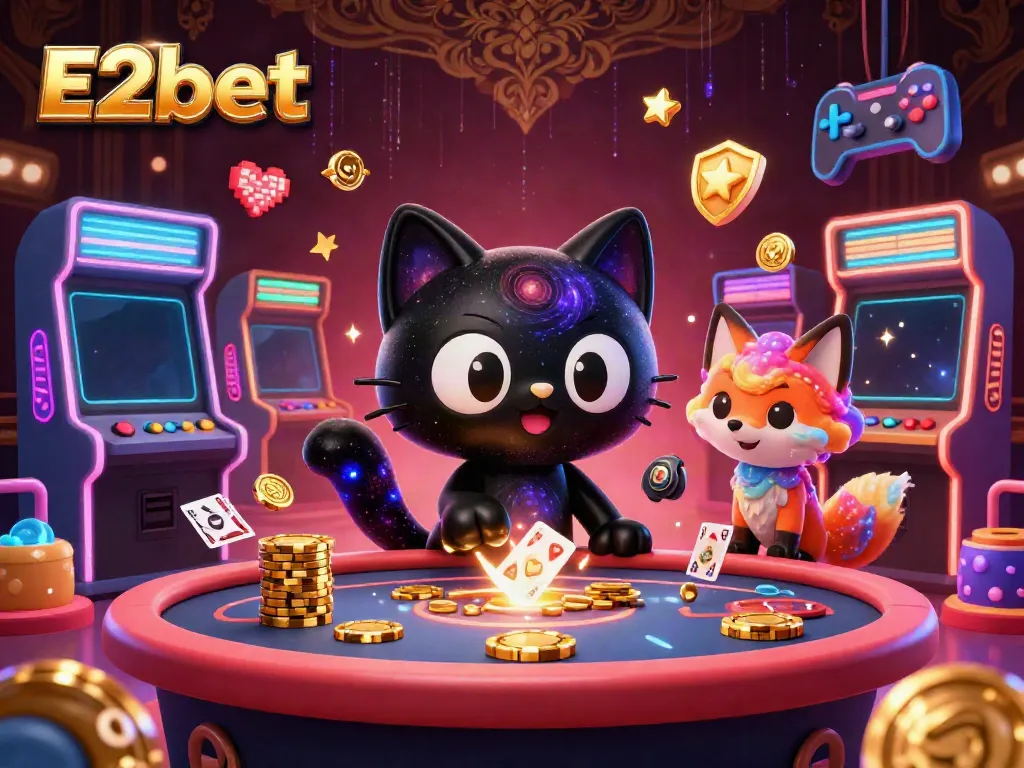 E2bet showcases a cosmic casino scene with a black hole cat and a nebula fox pulling in winnings