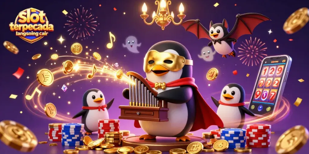 Experience the excitement of slot online terpercaya langsung cair with a vibrant 3D casino scene featuring a penguin playing an organ and sparkling game elements.