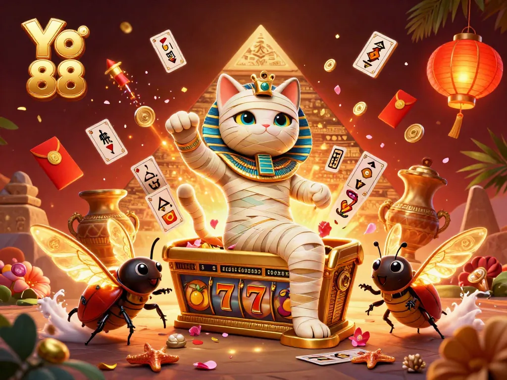 Experience the thrill of winning at Yo 88 with a cartoon Egyptian mummy cat, vibrant casino elements, and jackpot excitement.