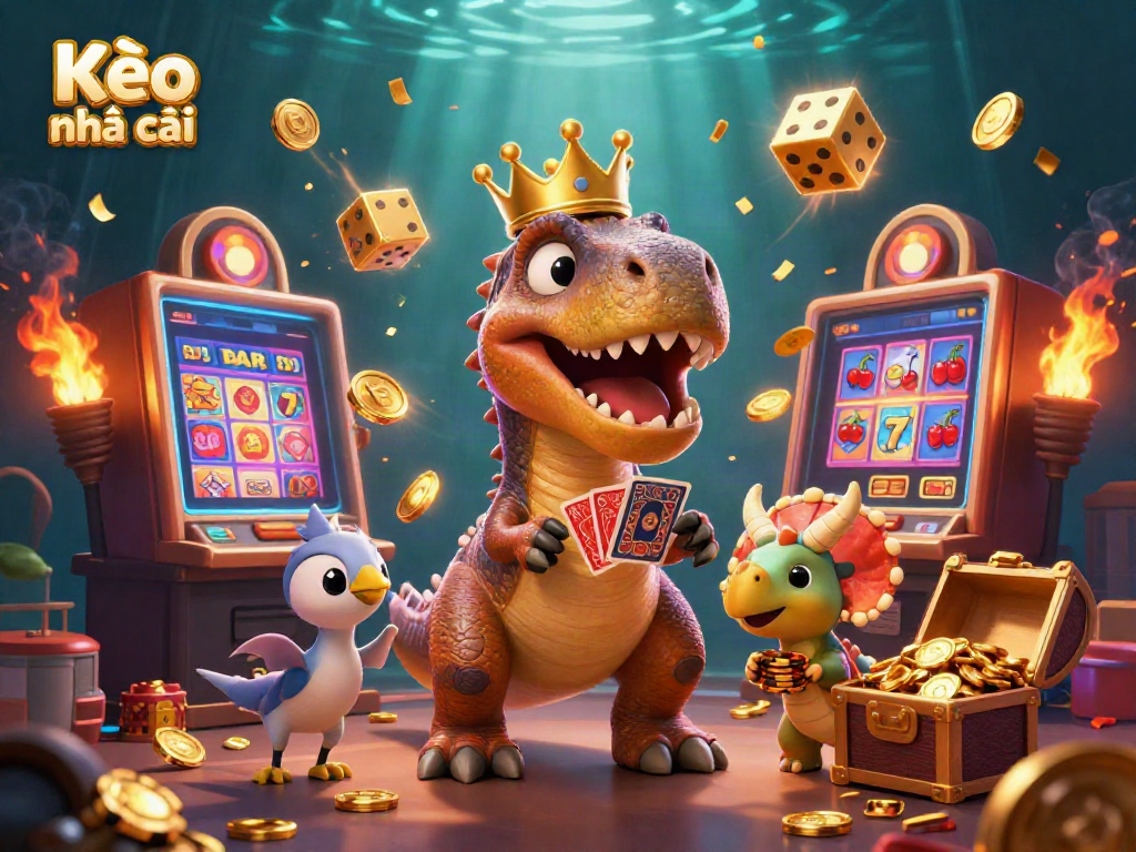 Engage with Kèo nhà cái as a T-Rex shuffles cards and a triceratops stacks chips in a vibrant casino scene.
