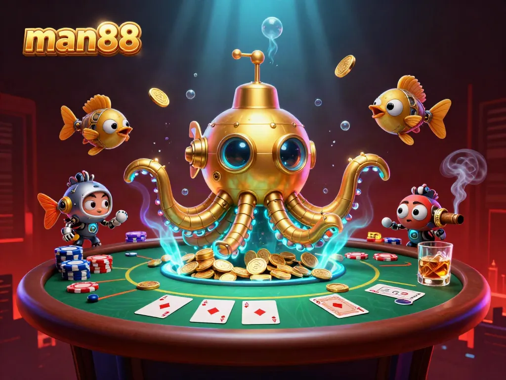 Win big with man88 in this vibrant casino scene featuring a golden kraken and poker elements.