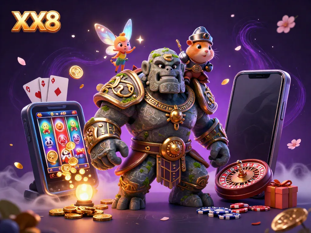 Engaging XX8-themed casino scene with a stone golem, fairy, and hamster knight, surrounded by slot game elements.