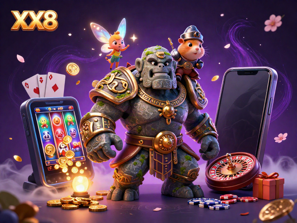 Engaging XX8-themed casino scene with a stone golem, fairy, and hamster knight, surrounded by slot game elements.