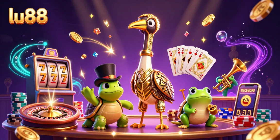 Spin and win on lu88 with a colorful 3D illustration of a lively casino scene filled with characters and gaming elements.