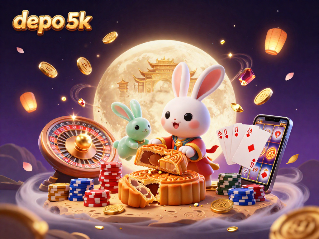 Spin the reels on depo 5k with this vibrant illustration featuring a moon rabbit and dynamic casino elements.