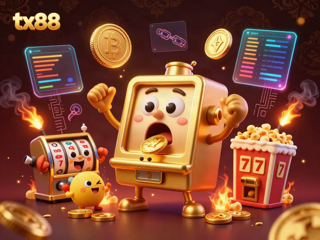 Experience excitement with tx88 as a golden slot machine hits the jackpot, surrounded by cheering characters and dynamic casino elements.