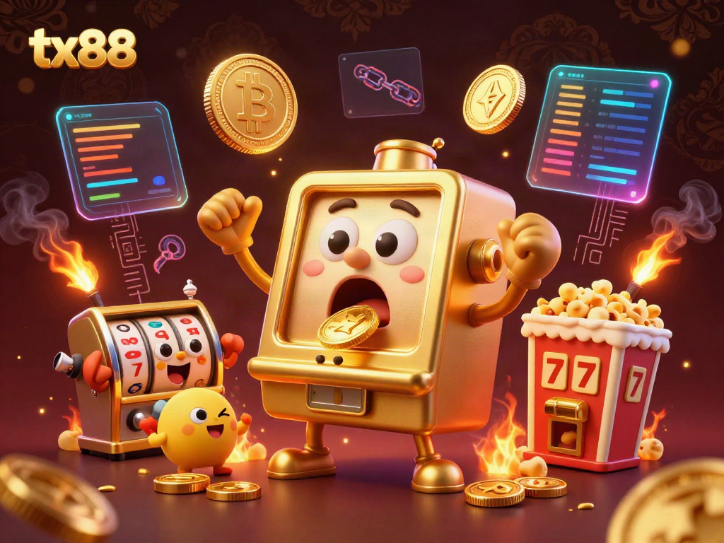 Experience excitement with tx88 as a golden slot machine hits the jackpot, surrounded by cheering characters and dynamic casino elements.
