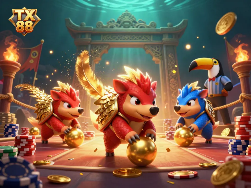 Engage in thrilling TX 88 gaming action with vibrant pangolins, poker chips, and confetti.