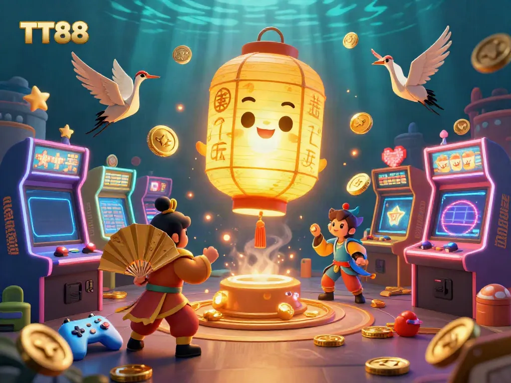 Experience the enchanting TT88 casino with golden lanterns and gaming excitement in an immersive 3D scene.