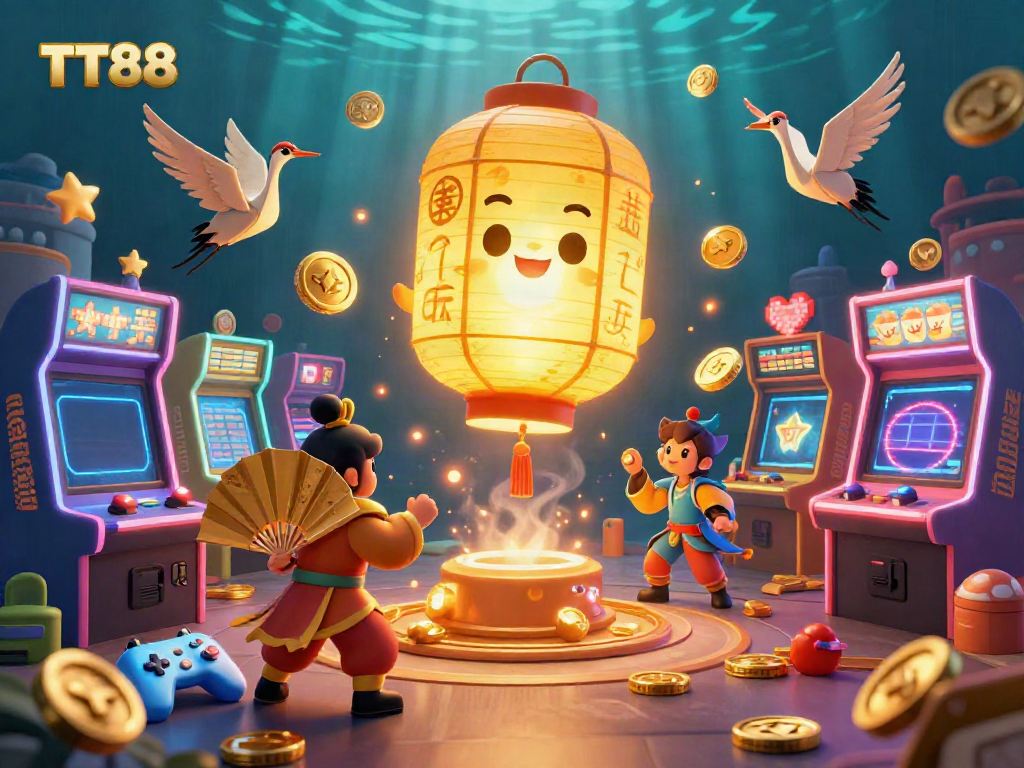 Experience the enchanting TT88 casino with golden lanterns and gaming excitement in an immersive 3D scene.