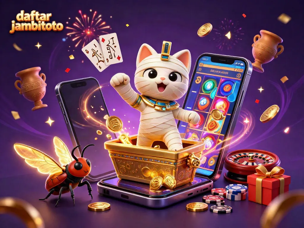 Experience the thrill of daftar jambitoto with this vibrant 3D casino scene featuring a mummy cat and slot games.