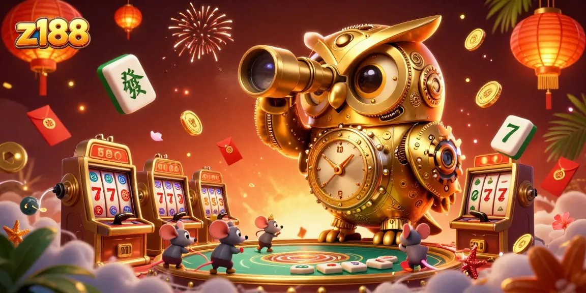 Engage with z188’s vibrant casino energy featuring a golden owl scanning slot machines.