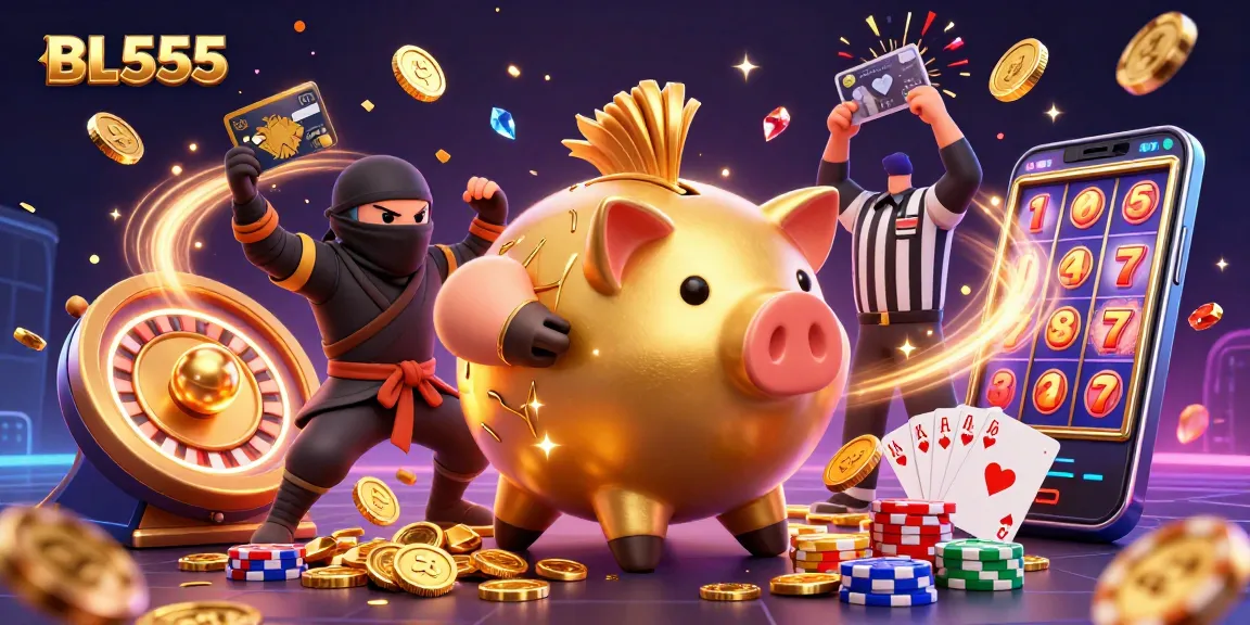 Engaging action scene with BL555 characters featuring a golden piggy bank sumo wrestler, a wallet-ninja, and a credit-card samurai, amidst casino elements.