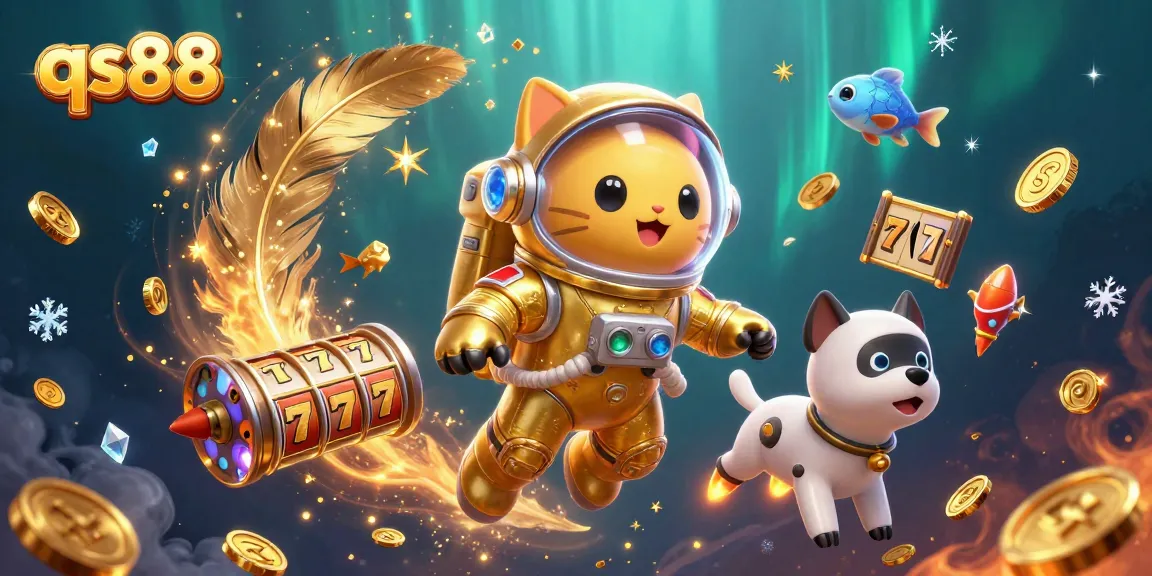 Spin the reels with qs88's vibrant casino scene featuring a cat astronaut and alien fish.