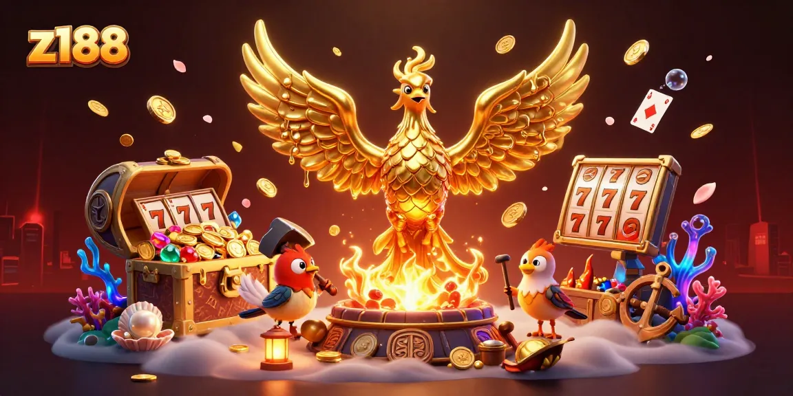 Witness the z188 golden phoenix in a thrilling casino scene filled with gold coins and slot reels.