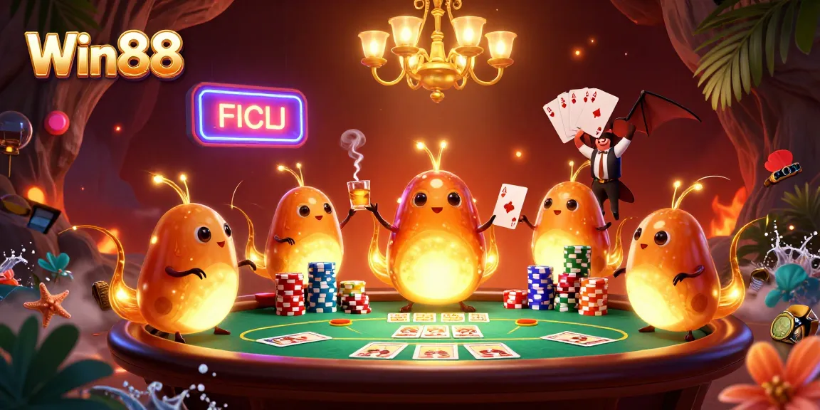 Engage with Win88's vibrant casino scene featuring glowworms and a bat dealer at a poker table.