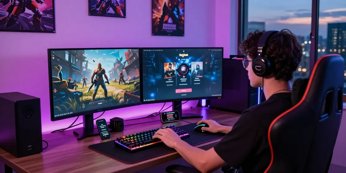 Engaging gaming setup for Raja Game login with dual screens, colorful accessories, and vibrant atmosphere