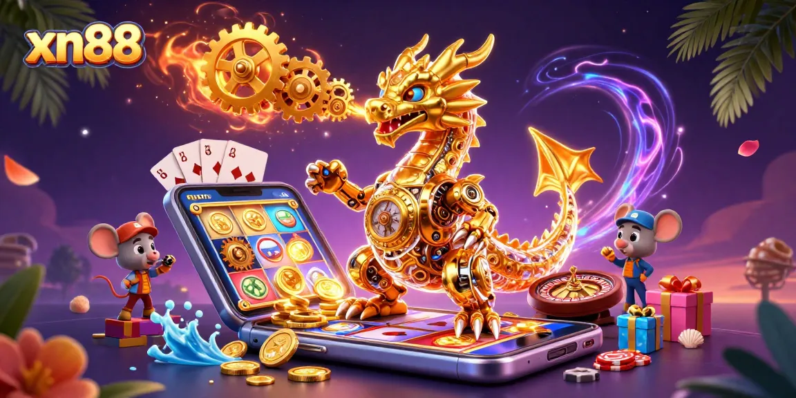 Engage in thrilling games at xn88 with a biomechanical dragon and vibrant casino elements.