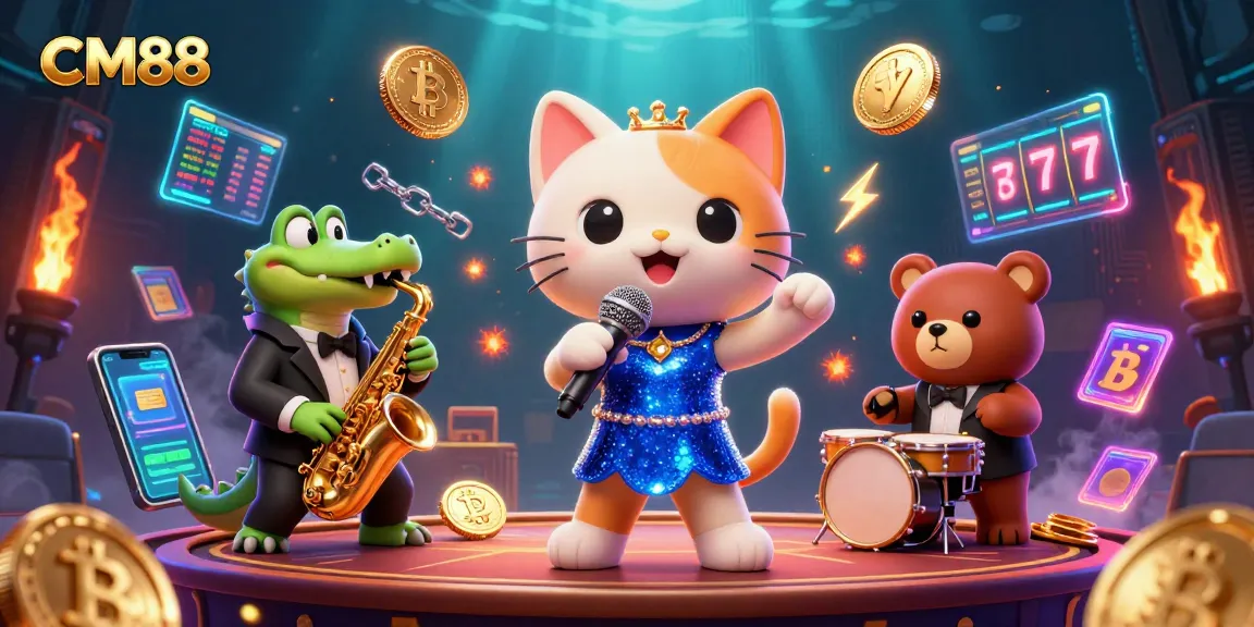 Experience captivating entertainment with CM88's vibrant casino scene packed with lively characters and crypto elements.