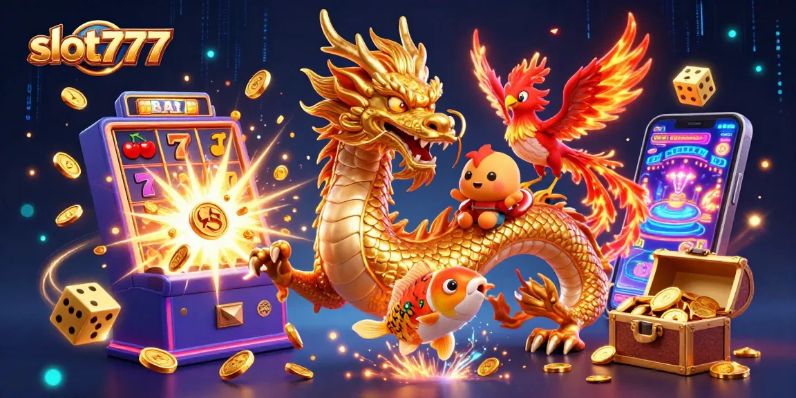 Experience slot777 thrills with an animated dragon, phoenix, and koi fish surrounded by casino games and jackpots.
