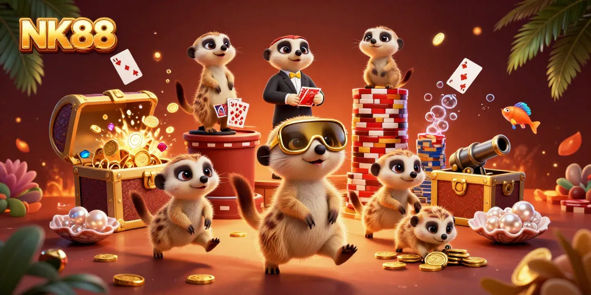 Experience thrilling gaming action at NK88 with meerkats managing a vibrant casino.