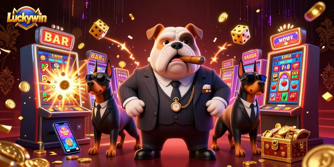 Luckywin casino scene with mafia boss bulldog and bodyguard Dobermans amidst a jackpot explosion of slot machine coins.