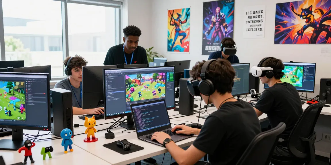 Tim pengembang game di https://www.wickhill.co.uk/ bekerja sama dalam ruang kantor modern dengan alat teknologi canggih.