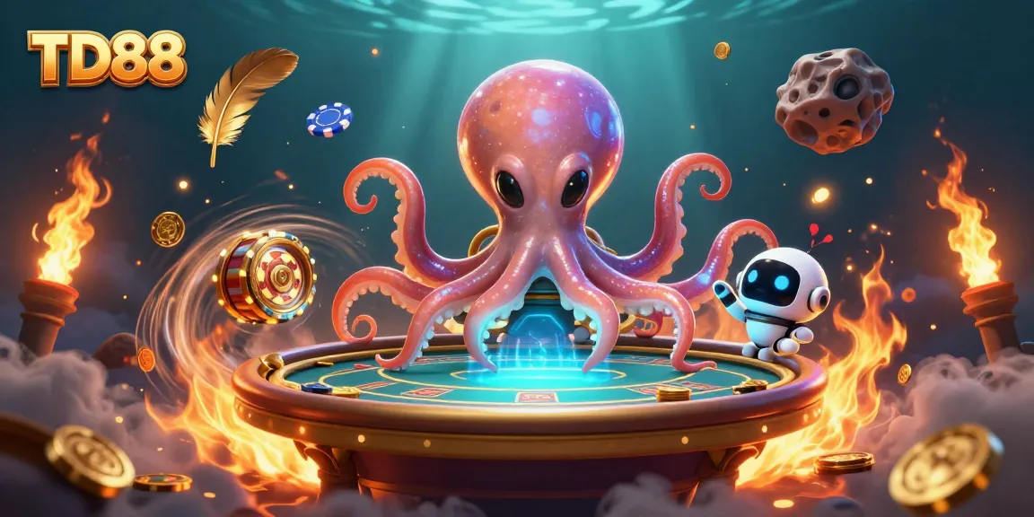 Engaging TD88 gaming experience with a cosmic octopus at a holographic poker table amidst swirling casino elements.
