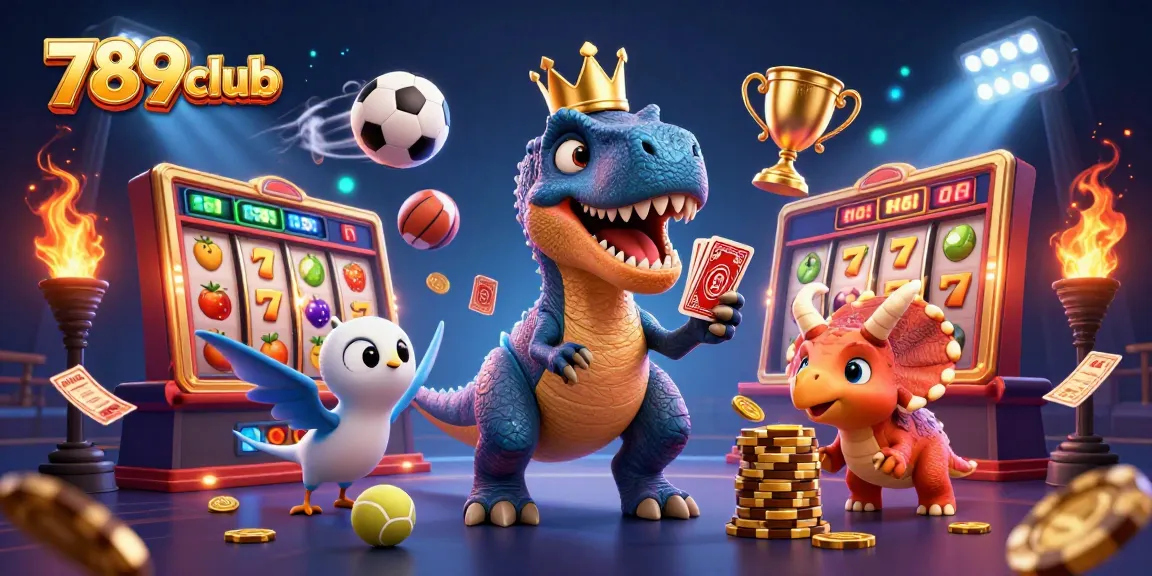 Experience thrilling gameplay at 789club with a cartoon T-Rex and friends in an exciting casino scene.