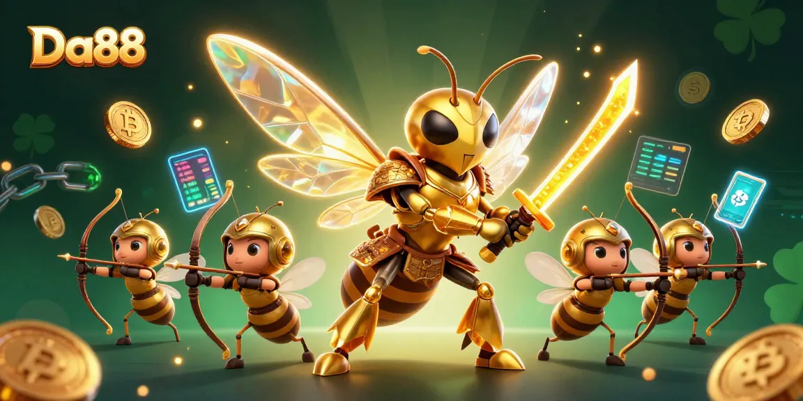 Engage with Da88 through a vibrant crypto casino scene showcasing a samurai hornet and loyal bee archers.