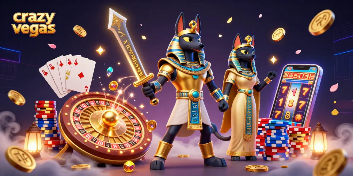 Play at crazyvegas with an Egyptian warrior and vibrant casino imagery featuring coins and slots.