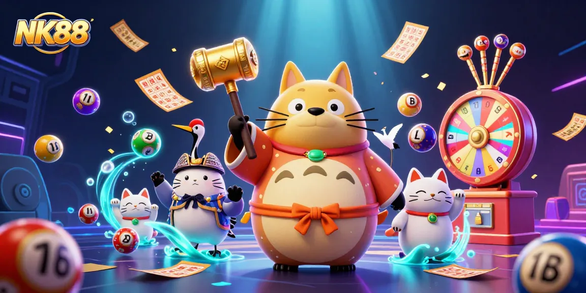 Win big with NK88 at this vibrant 3D digital casino illustration featuring cheerful characters and lucky elements.