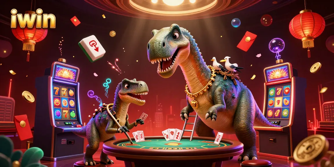 Experience iwin’s vibrant casino atmosphere featuring a cartoon dinosaur and playful raptor in action.