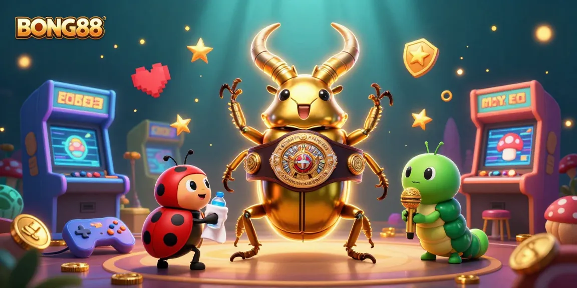 BONG88 showcases a vibrant 3D casino scene with a golden stag beetle champion facing off, surrounded by arcade elements.