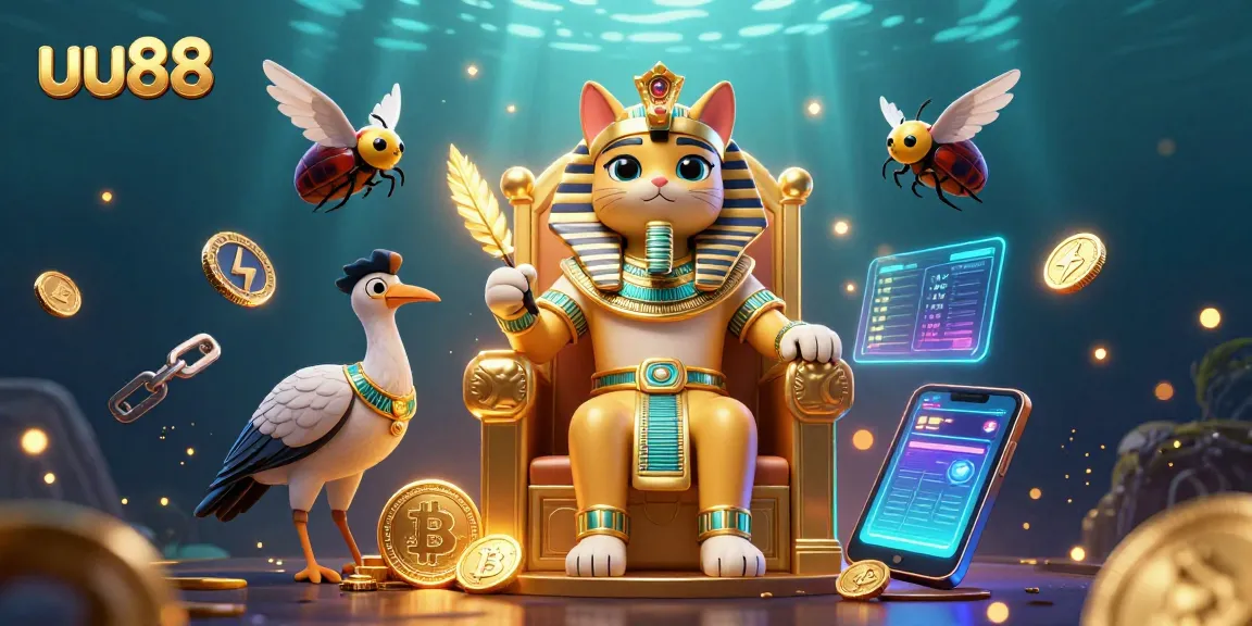 Experience uu88 through an engaging illustration featuring an Egyptian pharaoh cat and cryptocurrency elements in a lively casino atmosphere.