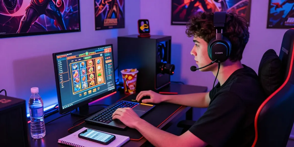 Excited player engaging with ngamenjitu online gaming platform, colorful slots on laptop, dynamic gaming atmosphere