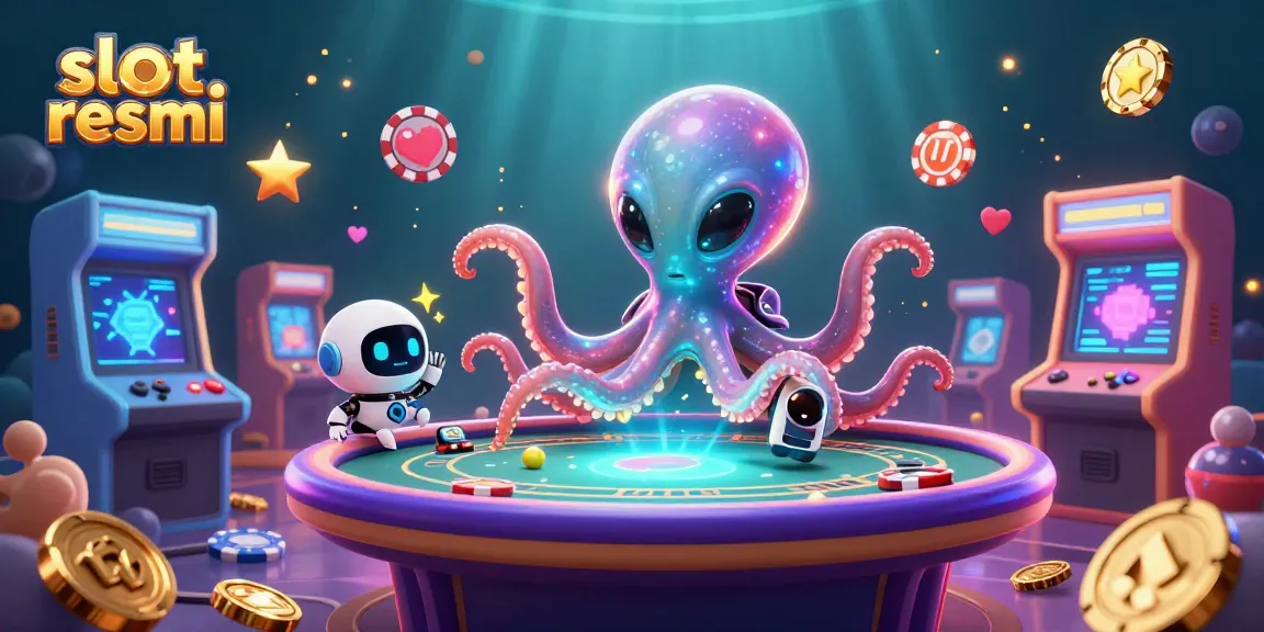 Mengoperasikan permainan slot resmi di DEWATASLOT888, alien kartun berwarna cerah dengan latar belakang kasino 3D.
