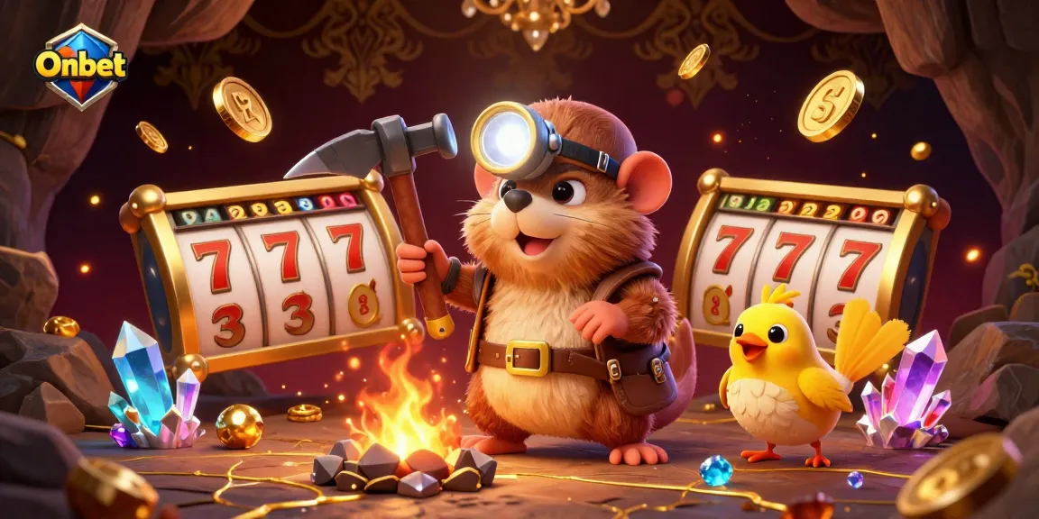 Experience thrilling gameplay at Onbet with a treasure-hunting mole surrounded by slot games and gold.
