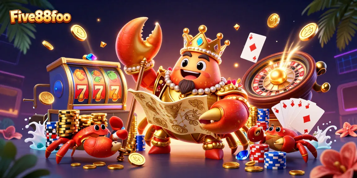 Experience the excitement of Five88foo with a vibrant scene depicting a golden crab emperor amidst exciting gambling elements.