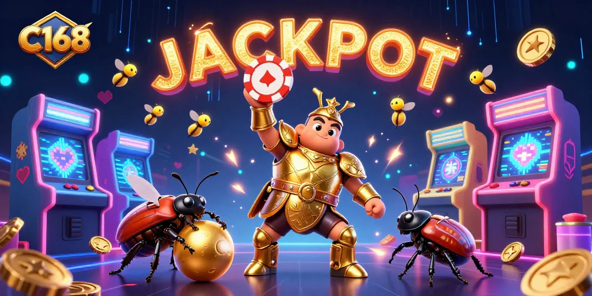C168 engages players with a vibrant jackpot illustration featuring golden poker chips, dynamic gaming elements, and a winning atmosphere.
