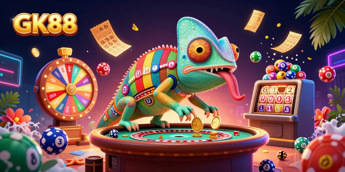 Reveal exciting GK88 casino experiences with our animated chameleon and vibrant gaming elements.