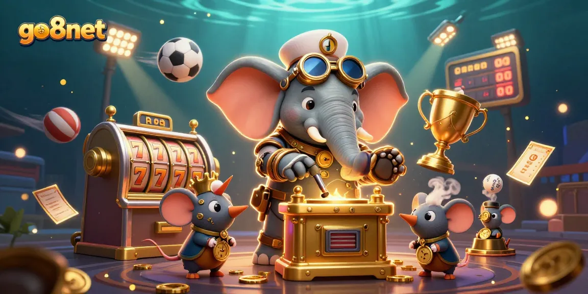 Engage with go8net's thrilling slot experience featuring a steampunk elephant and vibrant gaming elements.